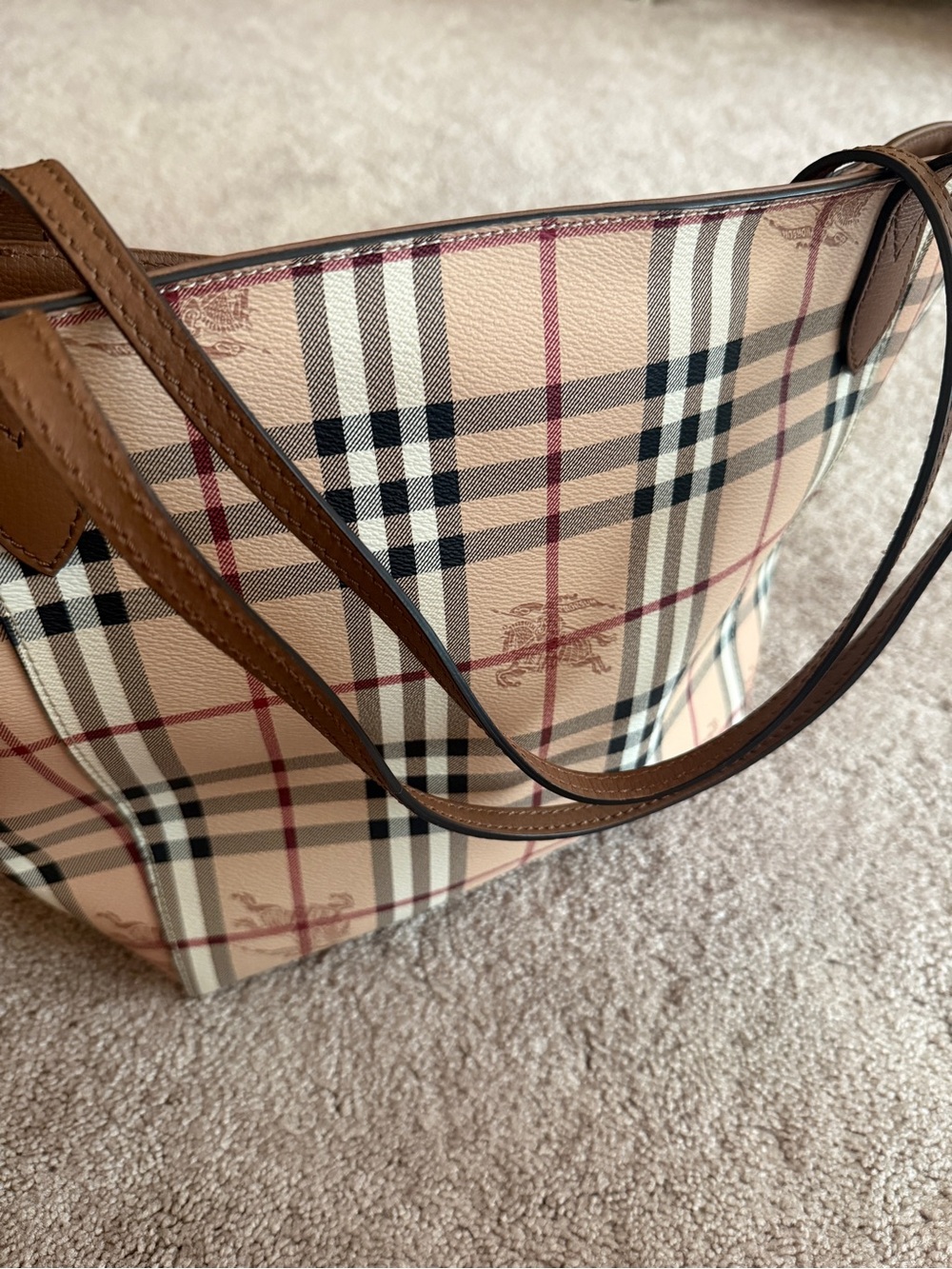 Burberry Vintage Check Canvas Tote in Beige and Brown with Red Accents